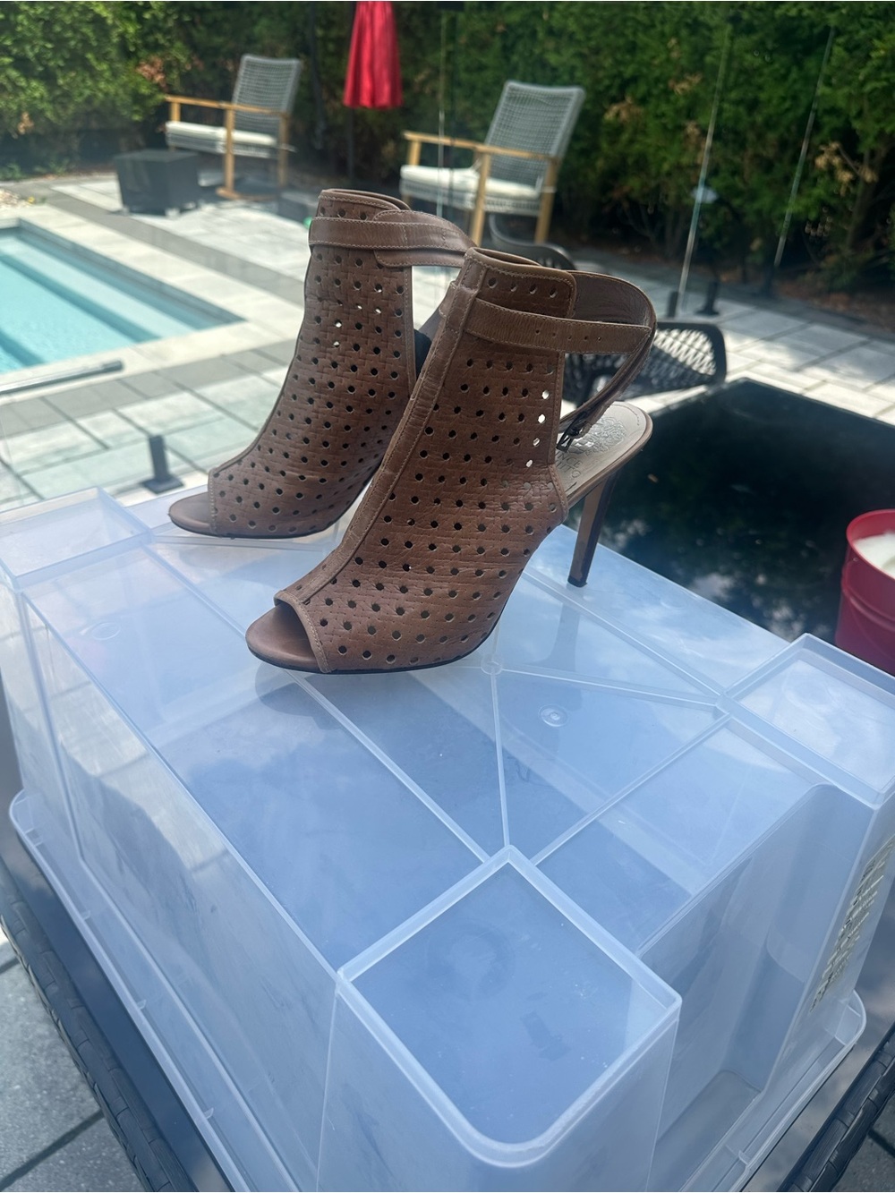 Vince Camuto Brown Perforated Peep-Toe Slingback Heels